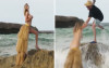 E奶模特雙手捧乳拍照，「大浪一來雙手鬆開」整個人掉進水裡全被拍下